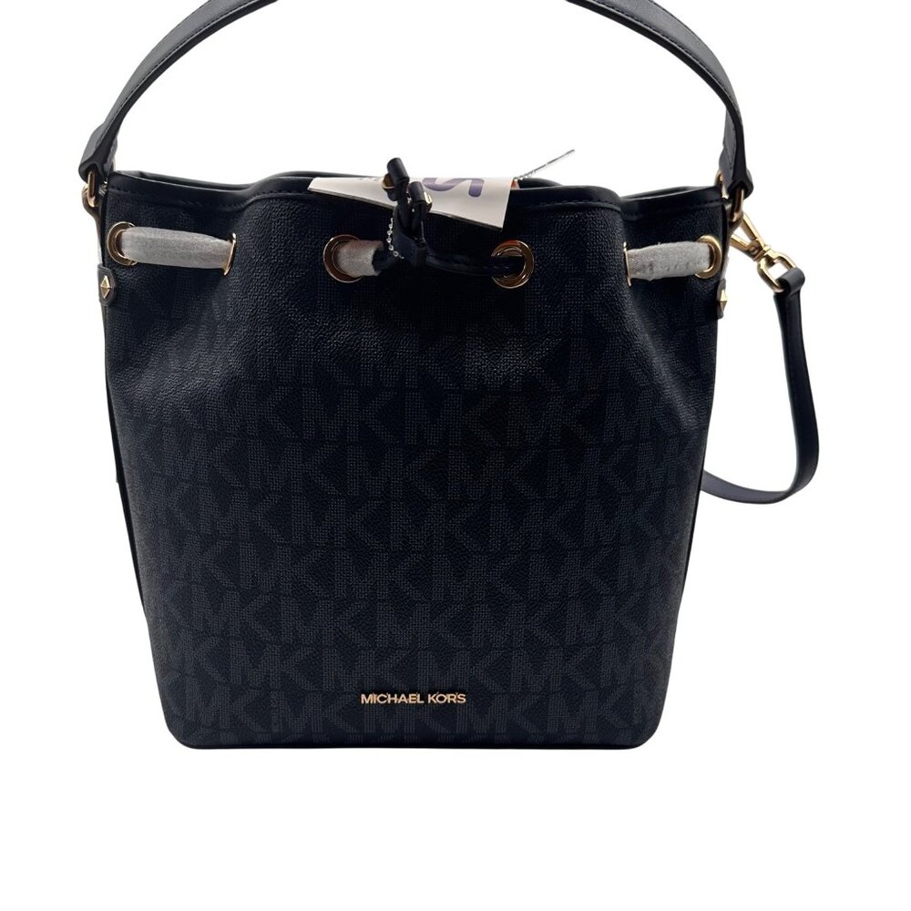 Michael Kors MK Signature Blue Bucket Bag Designer Logo Tote Gold Hardware - Picture 11 of 13